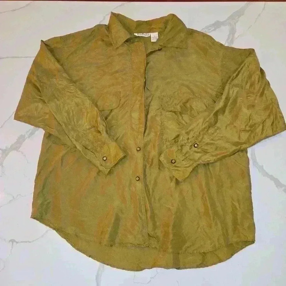 VTG Ann Taylor Women 100% Silk Long Sleeve Blouse Olive Green Size Large - Picture 3 of 10